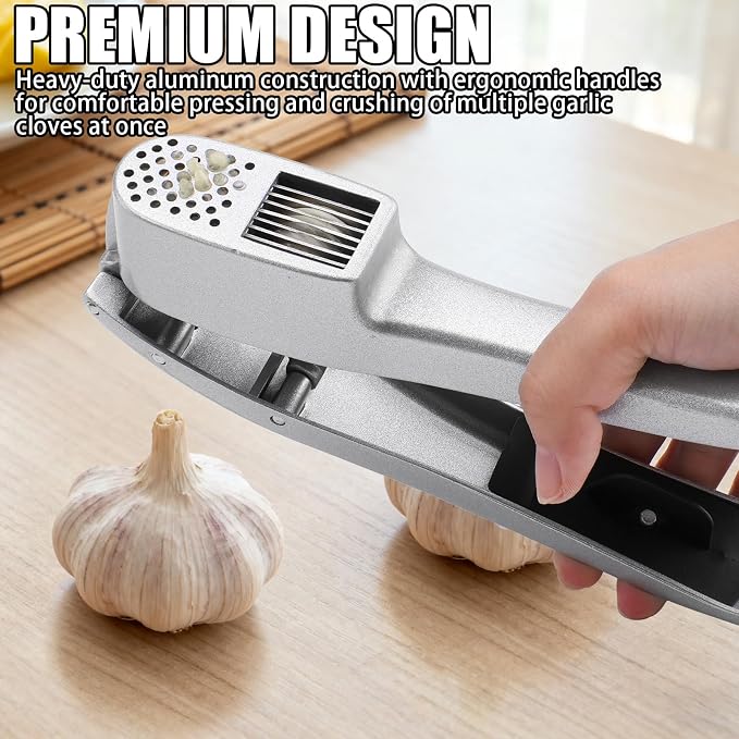 Garlic Press and Peeler Set - Silicone Garlic Peeler Tube Roller and Aluminium Garlic Press with Built-In Cleaning Tool Garlic Crusher, Mincer & Peeler for Unpeeled Garlic Cloves