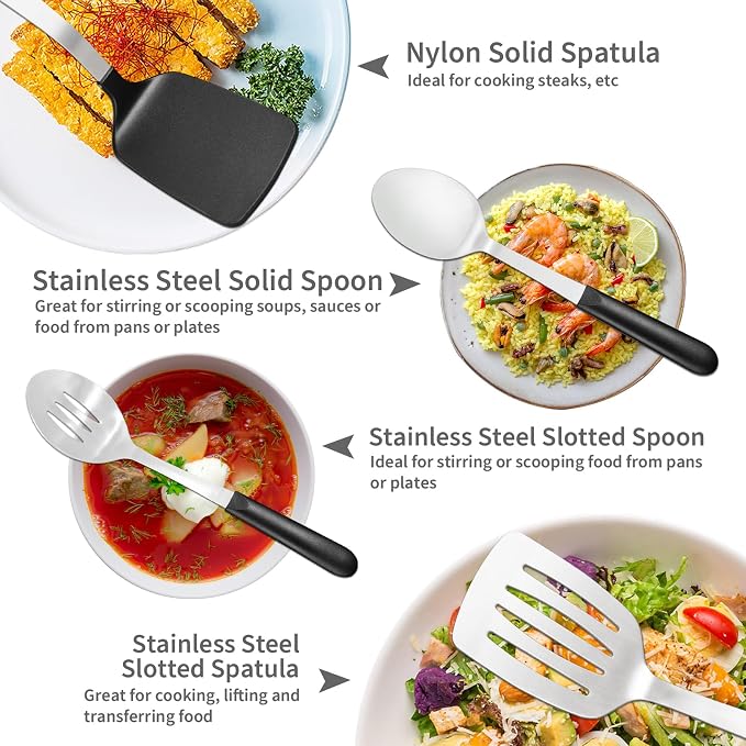 4 Pcs Cooking Utensils Set, Stainless Steel Kitchen Utensils, Heat Resistant Metal Kitchen Tools Include Solid, Slotted Turner, Serving Spoon, Non-Stick Wok Spatula, Dishwasher Safe, Silver