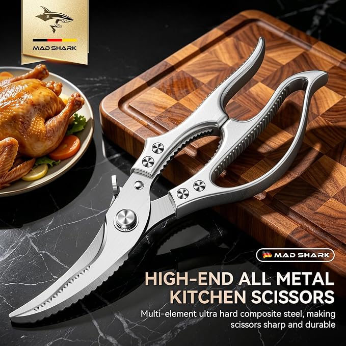 Heavy Duty Poultry Shears, Kitchen Shears with Non-Slip Handle & Safety Lock, All Purpose Kitchen Scissors for Chicken, Meat Cutting, Turkey, Fish, Vegetables, Spring Loaded, Dishwasher Safe