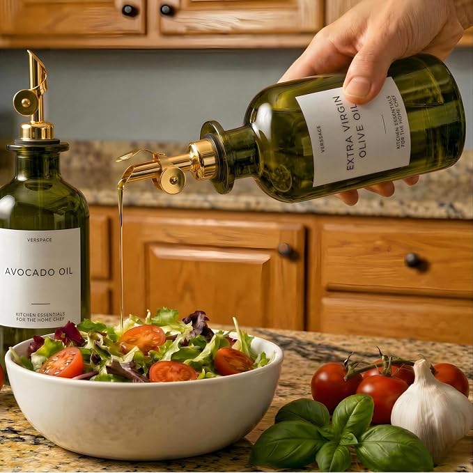 Verspace UV-Protected Green Glass Olive Oil Dispenser Bottles For Kitchen - 2 Pack - 17oz Includes 40 Kitchen Essential Labels, Avocado Oil Dispenser Set, Modern Decor for Home, Airbnb, Cafe