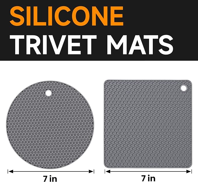 Trivets for Hot Dishes, Non-Slip Silicone Hot Pads for Kitchen Countertop Protector, BPA Free Heat Resistant Mat for Hot Pots and Pans 4-Pack Food Grade Silicone Grey