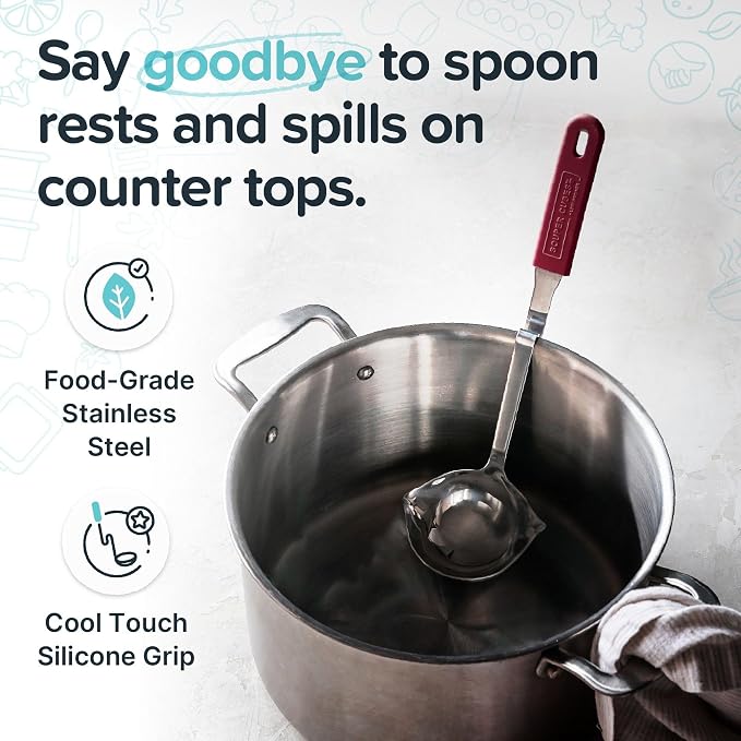 Souper Cubes + Lori Greiner No Mess Stainless Steel Soup Ladle with Silicone Handle - Metal Soup Ladle with No Mess Design That Hooks on Side of Any Pot - Cranberry