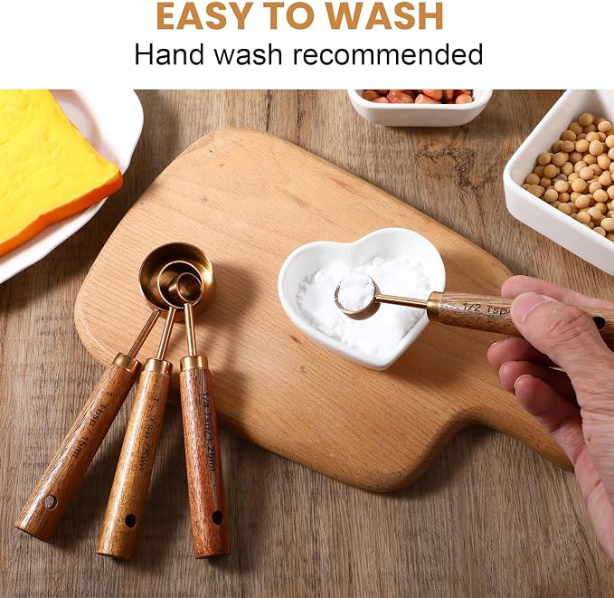8-Piece Stainless Steel Measuring Cups and Spoons Set - Rose Gold Baking Measuring Cups and Spoons Set with Wooden Handles for Cooking & Baking (US & Metric Measurements)