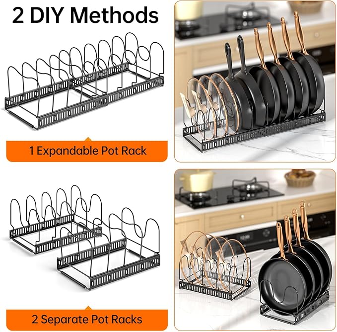 MUDEELA Expandable Pot Pan Lid Organizers inside Cabinet, 10 Divider-Black | Expandable 11.8–22.9", 10 Adjustable Divider, Tool-Free Assembly, Non-Slip, Scratch-Proof, For Pan Lid Cutting Board Bakeware