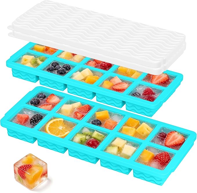 Doasuwish Ice Cube Trays for Freezer with Lids, 2-Tbsp 10-Cube Square Ice Trays, Dishwasher Safe, Covered Ice Molds for Iced Coffee & Cocktails, Freeze 30mL/15mL Portions -2 Pack