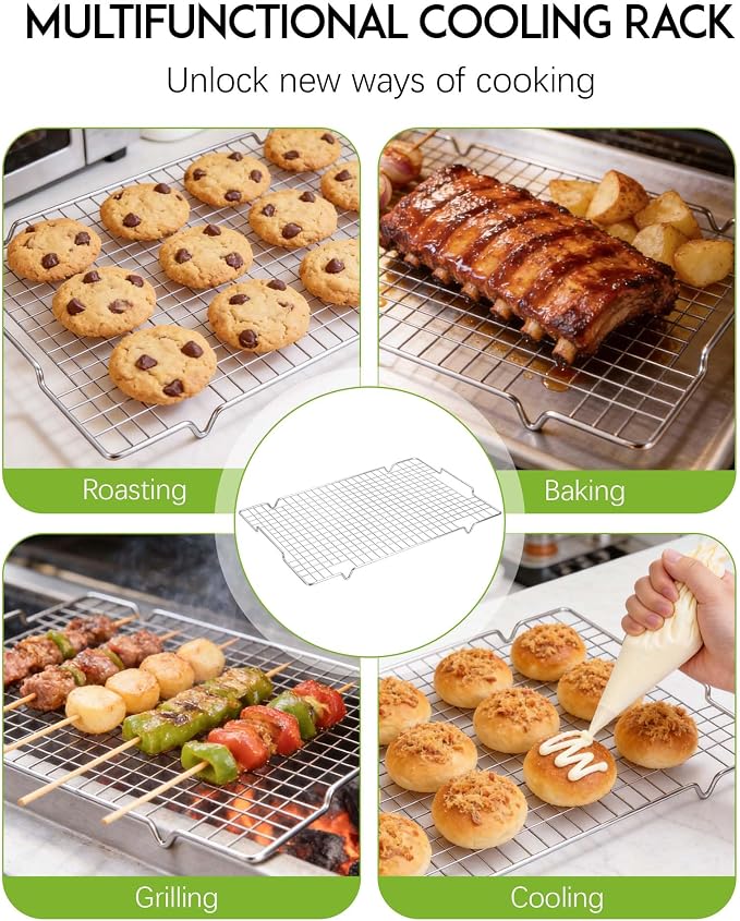 HULISEN 304 Stainless Steel Cooling Rack with Handles, 2-Pack, 16 x 10 Inch | Baking Rack for Half Sheet Pan, Dishwasher Safe, Oven Safe 500°F, Easy Transfer Design, For Baking, Roasting, Cooling Food