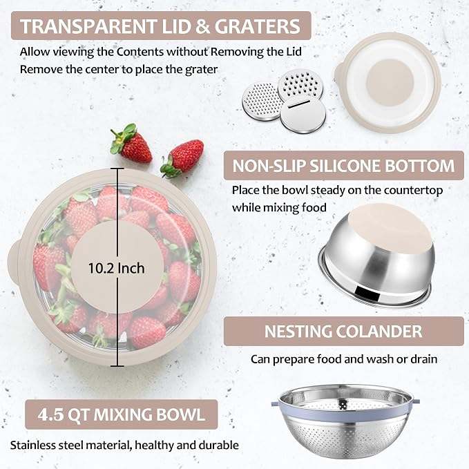 E-far Colander with Mixing Bowl Set, 4-1 Stainless Steel Colander Strainers Bowl with Graters for Kitchen, Rotatable Food Strainer Bowl for Rinsing Fruits Vegetables/Draining Pasta - Khaki