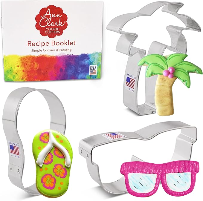 Ann Clark Summer Beach Cookie Cutters 3-Pc. Set Made in USA, Flip Flop, Palm Tree, Sunglasses