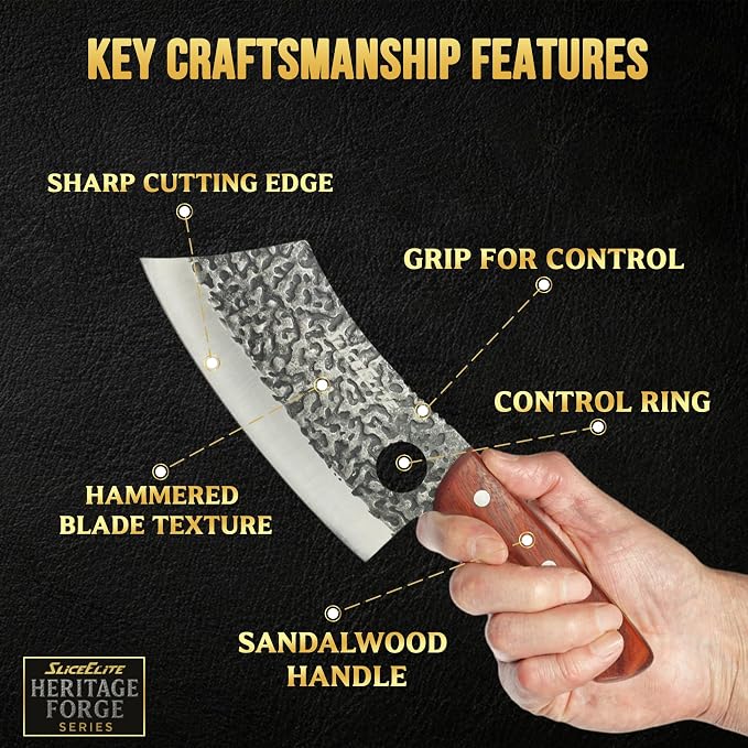 Meat Cleaver Forged Butcher Knife Meat Cutting Knife Kitchen Knives BBQ | Chopping, Slicing, Kitchen, Grilling, Outdoor Cooking, Food Prep, Hammered Pattern Forged Steel, Full Tang, Sandalwood Handle