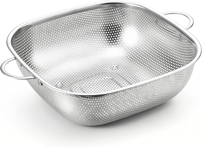 E-far 6QT Stainless Steel Colander with Handle - Square Metal Kitchen Strainer for Pasta & Vegetable Draining, Micro-Perforated & Elevated Feet, Dishwasher Safe