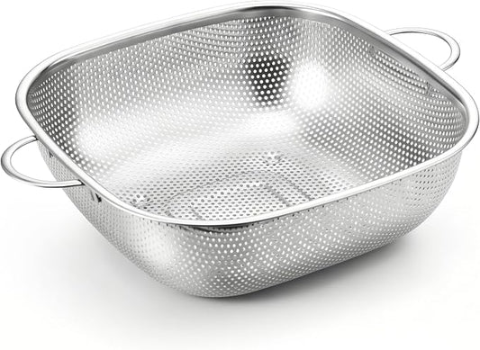 E-far 6QT Stainless Steel Colander with Handle - Square Metal Kitchen Strainer for Pasta & Vegetable Draining, Micro-Perforated & Elevated Feet, Dishwasher Safe