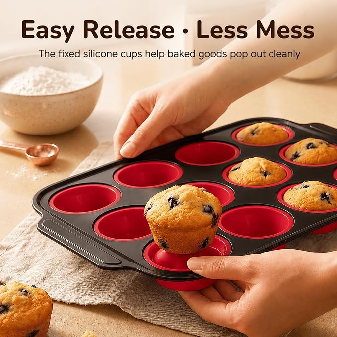 Silicone Muffin Pans for Baking, 12-Cup Muffin Tin with Metal Frame | Reinforced Metal Frame, 12-Cup Size, Easy Release Cups, Nonstick Silicone, Oven & Dishwasher Safe