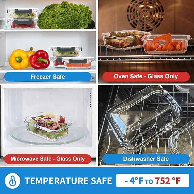 GULFLIN 12 Pack 22oz Glass Meal Prep Containers, Food Storage Containers with Lids, Air-Tight, Leak-Resistant, Freezer to Microwave Safe - Grey Set | Glass Food Storage Containers with Snap Airtight Lids, Dishwasher Safe, Freezer to Microwave Safe