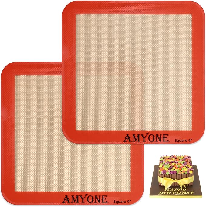 AMYONE Square Silicone Baking Mats for 9 Inch Baking Pan, Platinum, 2PCS | Food Grade Silicone for 9" Cake/Brownie Pan, for Cake/Bread/Pizza/Pastry/Cookie/Bun/Pie, Nonstick, Easy Clean, Reusable