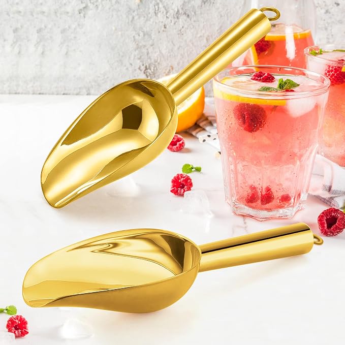 Herogo 3oz Mini ice Scoop Set of 2, Small Stainless Steel Scooper for Candy/Flour/Bean/Pet Food/ Ice Cube, Metal Utility Scoops for Kitchen Bar Party Wedding, Dishwasher Safe & Heavy Duty, Gold