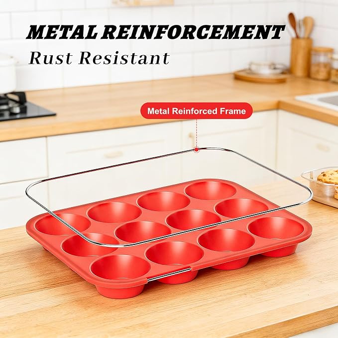 2Pack Silicone Muffin Pans with Metal Reinforced Frame,12 Cup Regular Size Silicone Cupcake Pan,Muffin Tin,Nonstick Cupcake Baking Molds for Muffins,Cupcakes,Egg Bites,BPA Free (2Pack Red)