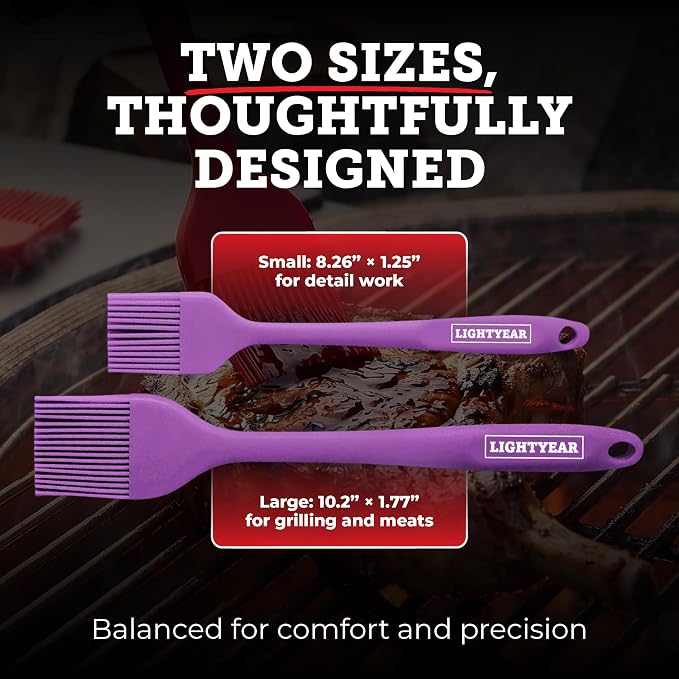 Lightyear Silicone Basting Pastry Brush Set (2 Pcs) ❘ 450°F Heat Resistant Oil Brush for Your Kitchen - Ideal For BBQ’s, Baking & Cooking 100% Food Grade Silicone - BPA Free & Dishwasher Safe (Purple)