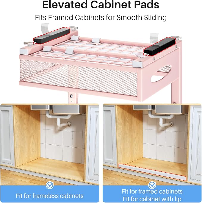 Under Sink Organizer, 2 Tier Pull Out Under Cabinet Organizer Shelf with Pad for Framed Cabinets, Metal Slide Out Under Sink Storage, Mesh Sliding Drawers for Kitchen Bathroom Laundry(Pink, 1 Pack)