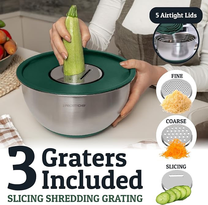 Priority Chef Stainless Steel Mixing Bowls with Lids Set, Metal Nesting Bowls with Airtight Lids, Graters, Non-Slip Base & Measurement Marks, Includes Utensil Set for Prep, Baking & Storage, Green