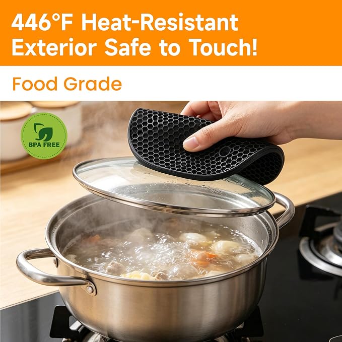 Silicone Trivets for Hot Dishes, Non-Slip Hot Pads for Kitchen Countertop Protector, Heat Resistant Mat for Hot Pots and Pans 4-Pack Food Grade Silicone Black
