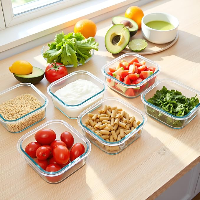 2Cup Square Glass Food Storage Containers, Small Square Food Containers With Airtight Lids Leak-proof, BPA free 16oz Glass Meal Prep Bowls, Dishwasher, Microwave, Freezer Safe (4 color)