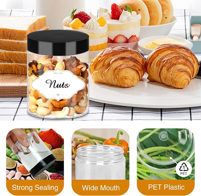 PeacePeo 8 OZ Plastic Jars with Lids, 48 Pcs Slime Storage Containers | Wide-Mouth Round Clear Jars, Black Secure Lid, Lightweight and Portable, for Pantry, Cabinet and Countertop Organization