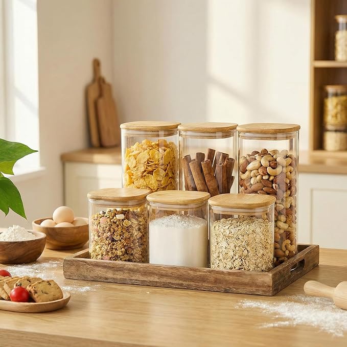 42 oz Square Glass Food Storage Containers with Airtight Bamboo Lids, 4Pack | Pantry Jars for Flour, Sugar, Pasta & Spices, Durable Borosilicate Glass Canister Keep Food Dry & Fresh, Easy to Fill & Clean