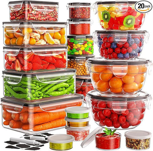 JSCARES 40 PCS Food Storage Containers with Lids Airtight (20 Lids &20 Containers) - Leakproof Meal-Prep Containers for Kitchen Storage Reusable Plastic Microwave/Dishwasher Safe with Labels & Pen | Leakproof Meal-Prep Containers for Kitchen Storage Re...