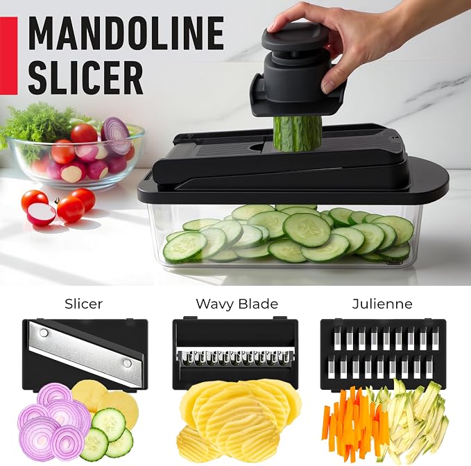 MUELLER HOME Pro-Series 10-in-1, 8 Blade Vegetable Chopper, Mandoline Slicer, Onion Mincer, Cutter, Dicer, Veggie Chopper with Container, Kitchen Essentials, House Warming Gifts New Home, Black