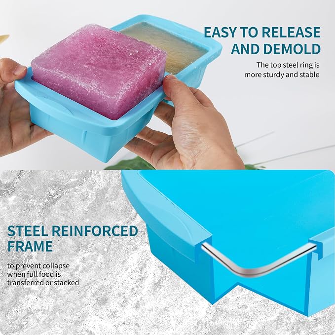 Silicone Freezer Tray with Lid 2 Pack Silicone Freezer Molds - Large Ice Cube Tray - Makes 4 Perfect 2 Cup Portions Soup Cubes Meal Prep Containers- Oven & Dishwasher Safe