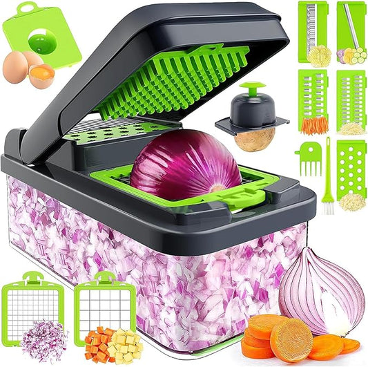 MealHelper 12-in-1 Vegetable Chopper, 7 Blade Veggie Chopper, Practical Food Chopper with Container, Cheese Grater, Home Essentials & Kitchen Gadgets(Green)