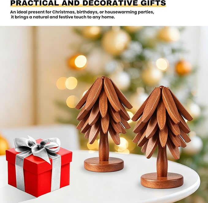 Wood Foldable Tree Trivets for Hot Dishes/Pot/Bowl/Teapot/Hot Pot Holders, Gifts for Family/Friends, Cute and Practical Kitchen Decorations(Smooth- 4Pcs)