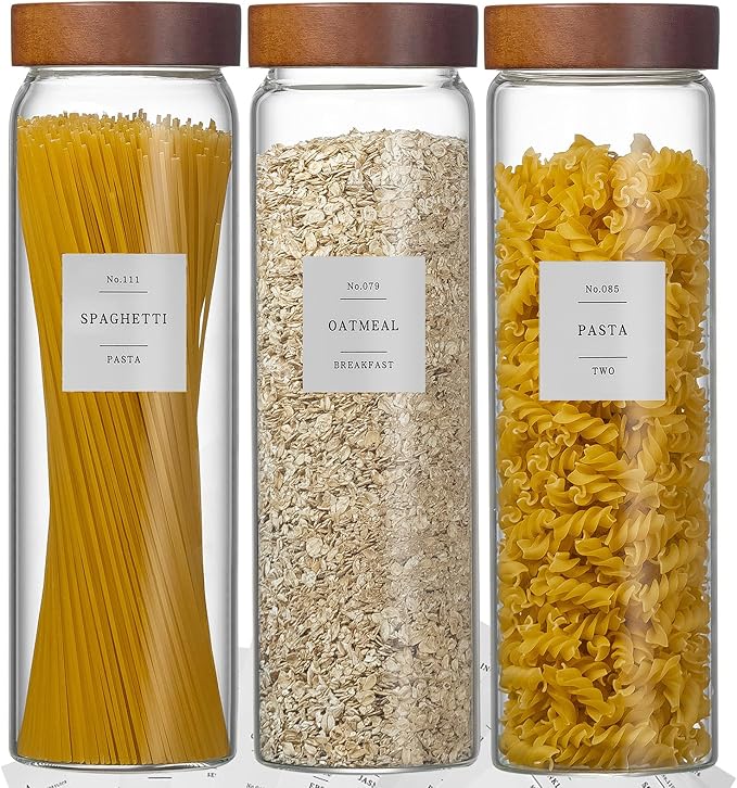 Wissy&Konny 3 Pack Glass Pasta Storage Containers with Screw wood Airtight Lid, 70oz Tall Glass Jar with Lid Spaghetti Container Storage for Pasta,Spaghetti,Cereal (132 Pantry Labels)