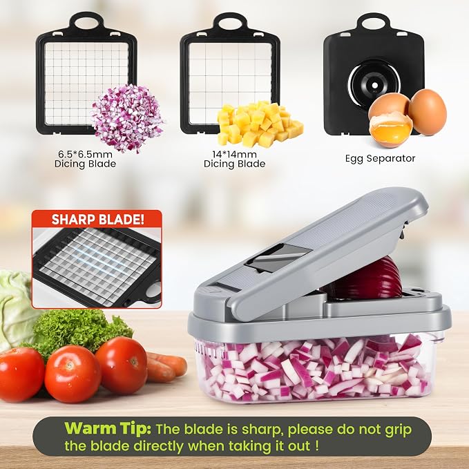 Vegetable Chopper,12-in-1 Multifunctional Food Chopper,Professional Onion Chopper with 7 Blades,Vegetable Cutter with Container for Salad,Potato,Carrot,and Garlic Essential Kitchen Tool (Silver black)