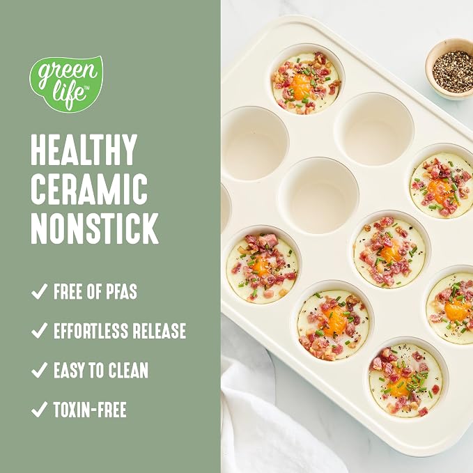 GreenLife 12-Cup Muffin Pan, PFAS-Free Healthy Nonstick Baking Tray, 11.4" x 1.9" x 15.9", Durable Ceramic Bakeware, Cupcakes, Egg Bites, Tarts, Brownies, Sage (Pack of 6)