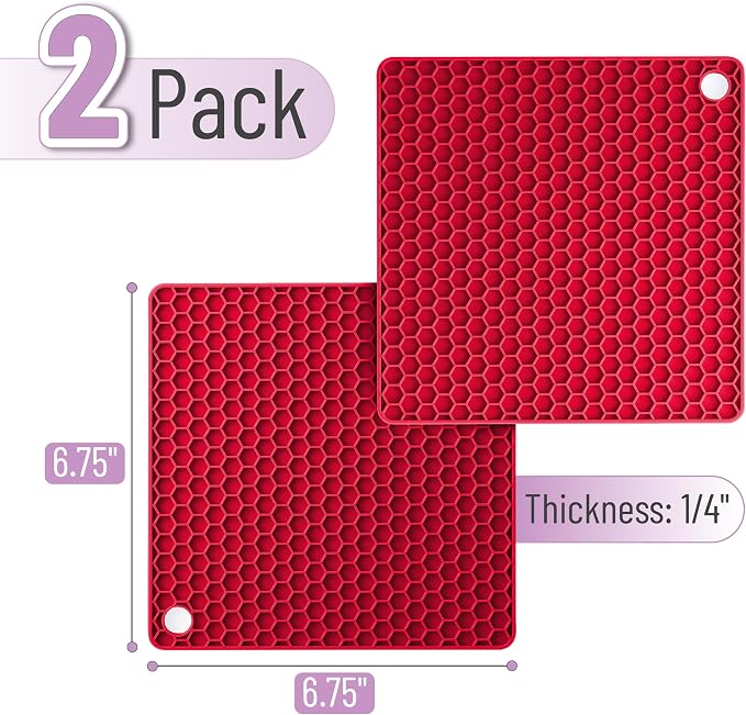 BTaT- Silicone Trivet Mats, 2 Pack, Rose Red, Hot Pads for Kitchen, Trivets for Pots and Pans, Hot Pad for Dishes
