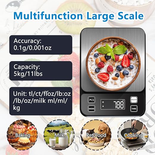 IPX7 Waterproof Food Scale 0.1g Precision Kitchen Scale, 5kg/11lb Digital Food Scale USB Rechargeable, Backlight Gram Scale Stainless Steel & Washable Digital Scale for Cooking, Baking,Weight Loss