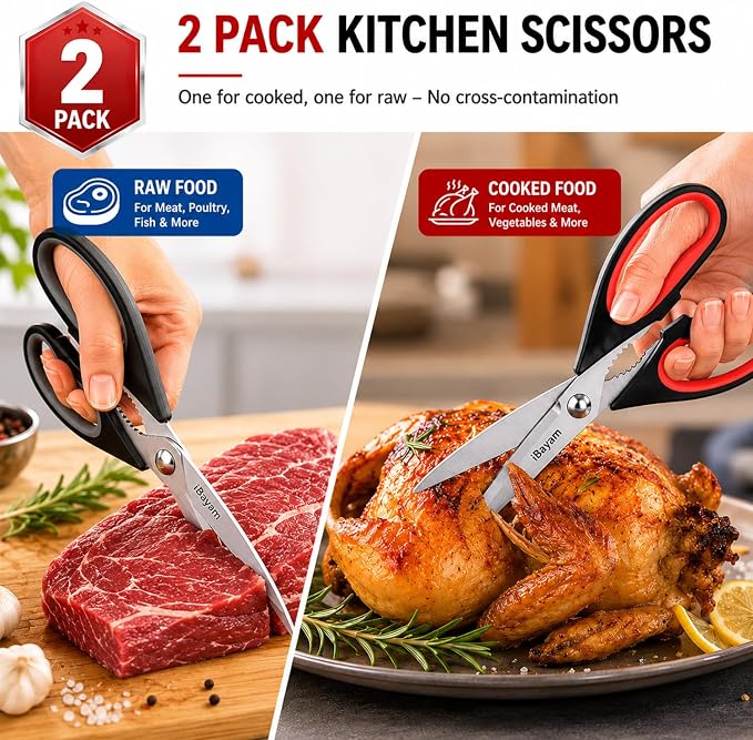 iBayam Kitchen Scissors All Purpose Heavy Duty 2 Pack with Protective Sheath, Stainless Steel Shears Kitchen Utensils Set for Cutting Food Cooking Meat Poultry Dishwasher Safe Soft Comfort-Grip