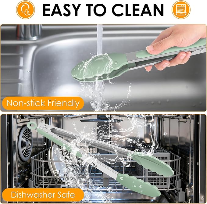 Hotec Mini Silicone Kitchen Tongs for Cooking - 7-Inch Small Serving Tongs with Silicone Tips, Set of 3 (Light Green)