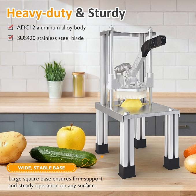 Sunvivi Commercial Slicing Machine, French Fry Cutter, Heavy Duty Potato Slicer with 2 Replaceable blades,1/2" and 3/8", Professional Fries Cutter for Potatoes, Carrots, Cucumber, Onion, Yam