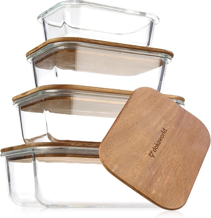 Glass Container Set with Acacia Lids - 4 Stackable Meal Prep Containers. Durable heat resistant Inert Borosilicate Glass