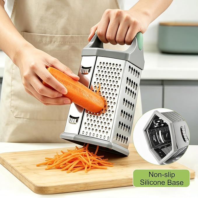 Box grater for kitchen 6 Sided - Cheese Graters Handheld, Stainless Steel Shredder for Food Vegetable Carrot Potato Tomato (Green)