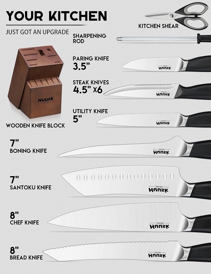 Huusk Knife Block Set - 14 Pieces Full Tang Japanese Kitchen Knives with Long-Lasting Edge & Natural Acacia Wood Block Ergonomic Knife Set as Elegant Gift for Men Women