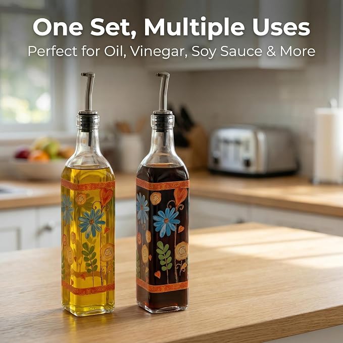 Topadorn Set of 2 Floral Olive Oil Dispenser Bottles, 17oz Decorative Glass Oil & Vinegar Cruet Set with Pour Spouts, Refillable Kitchen Countertop Dispensers