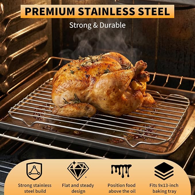 Roasting Pan Rack for 9x13 Inch Pans, Stainless Steel Insert with Raised Feet, Wire Cooling Rack for Toaster Oven, Metal Bacon Cookie Trays Nonstick Rust Free, Easy to Clean, Strong Reliable