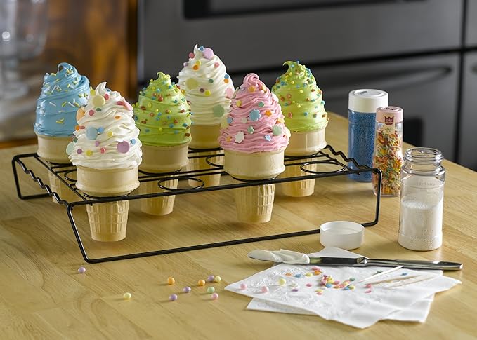 Nifty Ice Cream Cone Cupcake Baking Rack – Holds up to 12 Medium & Large Cupcake Cones, Non-Stick, Dishwasher Safe, Use for Baking, Cooling & Serving Treats
