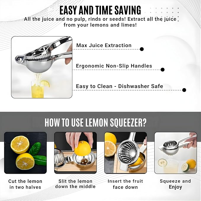 Extra Large Lemon Squeezer - Heavy Duty Stainless Steel Citrus Press with Jumbo Bowl - Manual Juicer for Lemons, Limes & Oranges - Professional Strength Metal Squeezer - Dishwasher Safe