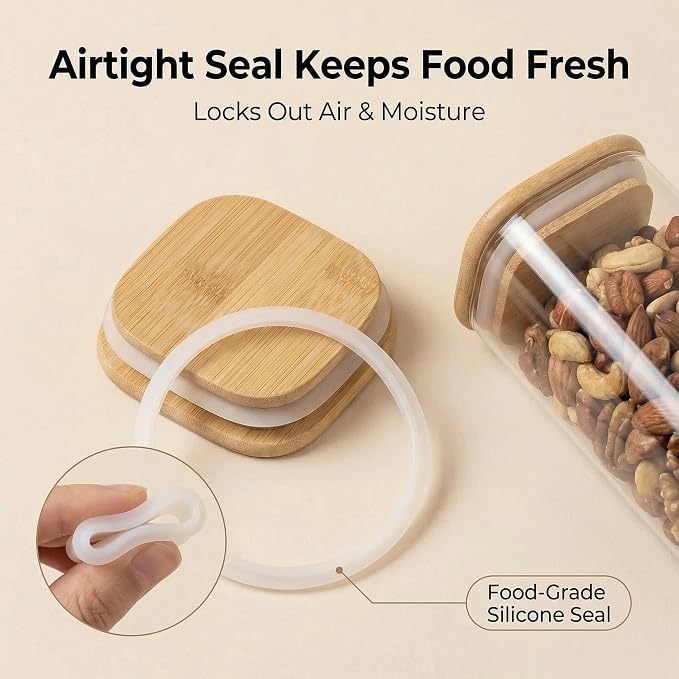 Airtight Glass Storage Containers with Lids 8 Pack, 25/37 /50oz Square Glass Jars with Bamboo Lids, Kitchen Canister Set for Pantry Organization Food Storage for Flour Sugar Rice Pasta Cereal