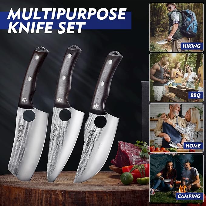 Topfeel 3PCS Butcher Knife Set Hand Forged chef knife Boning Knife, High Carbon Steel Meat Cutting Knives for Kitchen Camping BBQ…