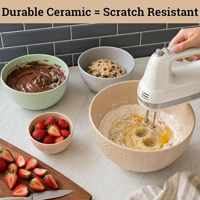 Ceramic Mixing Bowls Set of 4 pcs, Colorful Nesting Bowls 5, 3, 1, 0.5 Qt | Thick, Durable, Scratch Resistant Ceramic, Nesting Set of 4, Dishwasher, Freezer, Microwave, and Oven Safe, Wide Stable Base